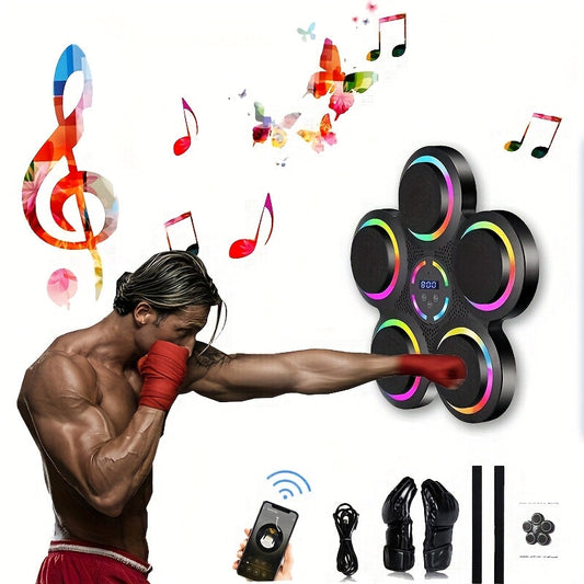 Machine de boxe musicale intelligente avec gants – Montage mural, éclairage rythmique LED, Bluetooth, 9 modes de vitesse, compteur de coups LED intelligent, cadeau de fitness pour salle de sport à domicile pour adultes et adolescents