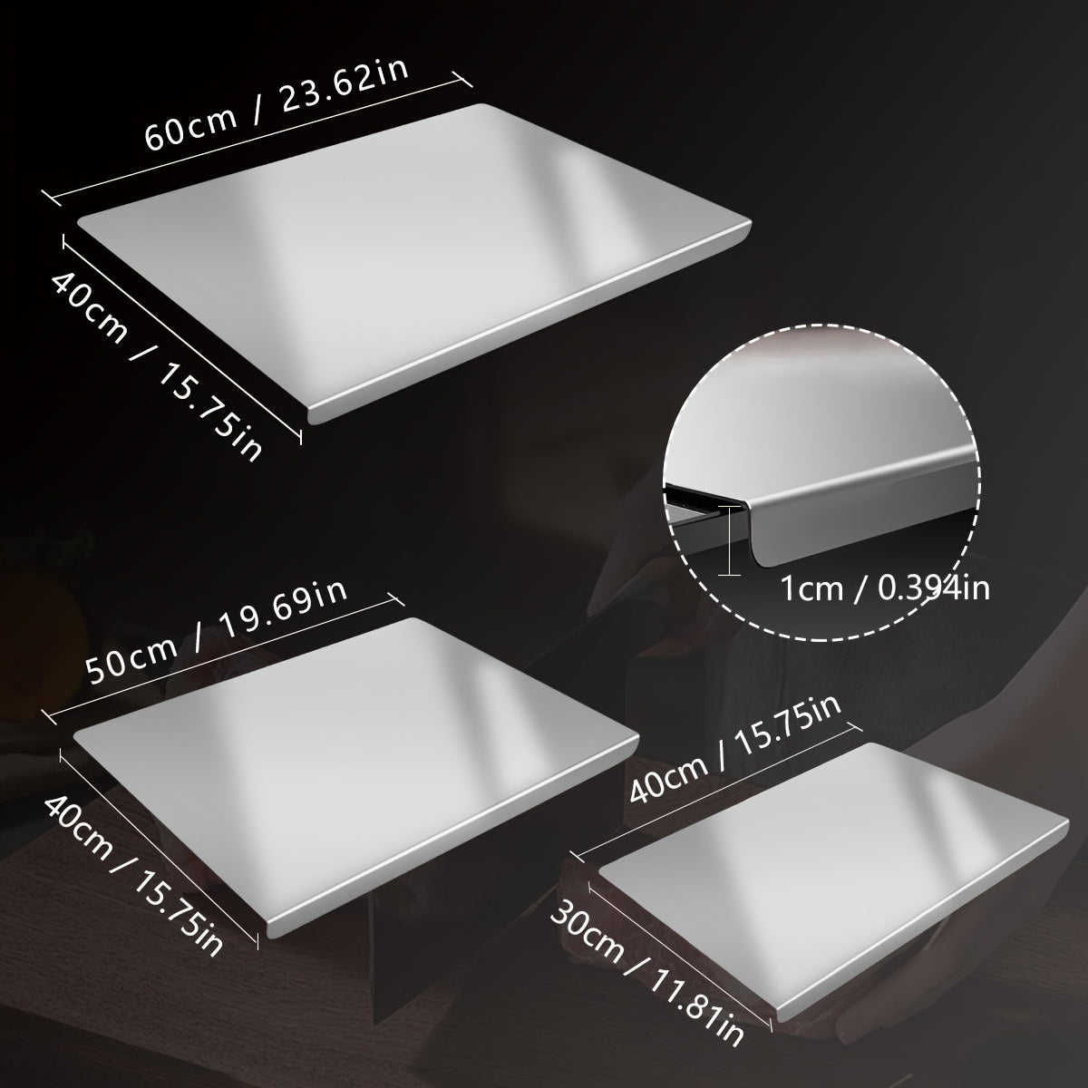Planche à découper en acier inoxydable 304 – Billot de cuisine antirouille, facile à nettoyer, disponible en 3 tailles (40 cm × 30 cm, 50 cm × 40 cm, 60 cm × 40 cm)