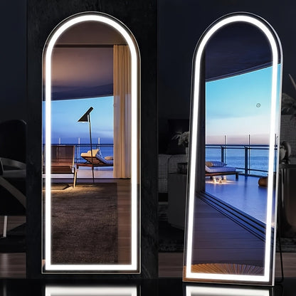 Miroir sur pied pleine longueur avec lumières LED - Sommet arqué et rectangulaire, cadre en aluminium, miroir habillage sur pied de 180 cm pour chambre et salon, noir or blanc, verre trempé de 5 mm