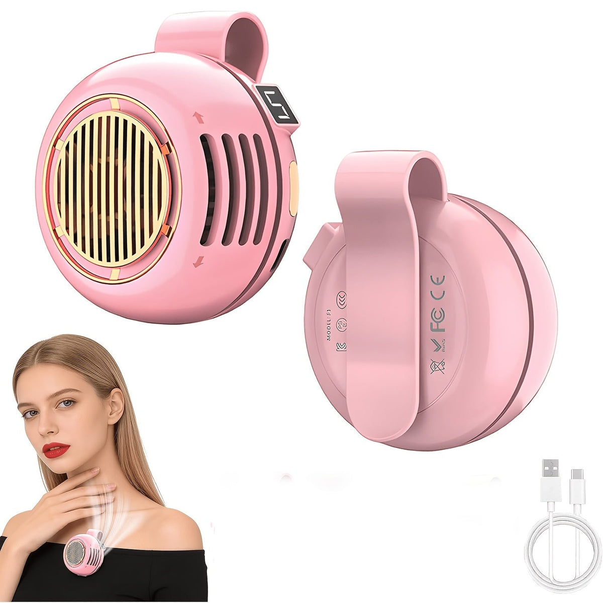 Mini ventilateur de cou sans pales à clipser, rechargeable par USB, 3 vitesses, flux d'air à 360°, ventilateur portable mains libres à suspendre à la taille pour la randonnée, le camping, les voyages, le golf et les activités en plein air