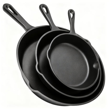 Ensemble de 3 poêles en fonte 15, 20 et 25 cm – Pré-assaisonnées, antiadhésives, ultra-résistantes, compatibles four, grill et feu de camp, répartition uniforme de la chaleur, pour steaks et pains de maïs – Ustensiles de cuisine rustiques