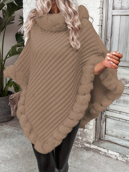 Women's Elegant Faux Fur Collar Cape Coat – Suede PU Plush Fur Trim Solid Color Winter Outerwear for Everyday & Formal Events
