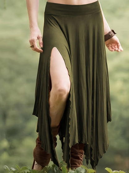 Jupe asymétrique pour femme - Jupe midi fendue à taille haute avec cordon de serrage, maille extensible 95 % polyester, style vintage décontracté pour le printemps et l'été