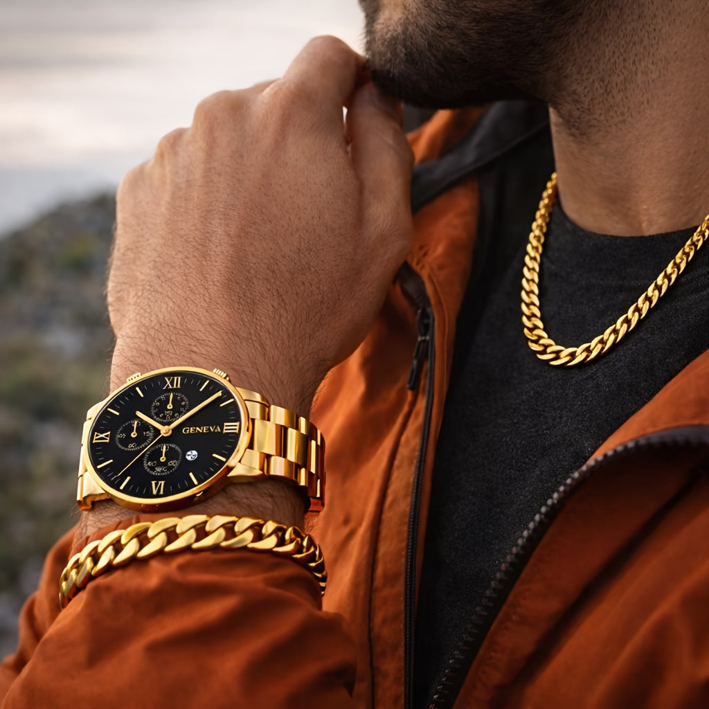 Coffret cadeau montre mécanique de luxe et bijoux pour homme, 4 pièces – Bracelet, collier et bague vintage en alliage galvanisé, ensemble d'accessoires élégants style business décontracté pour Noël, la Saint-Valentin et les fêtes