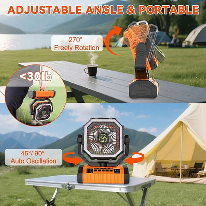 Ventilateur de camping 20000 mAh avec lanterne LED, rechargeable, oscillant, 4 vitesses et minuterie - Ventilateur de tente portable pour le camping, les véhicules récréatifs, les chantiers et les pannes de courant