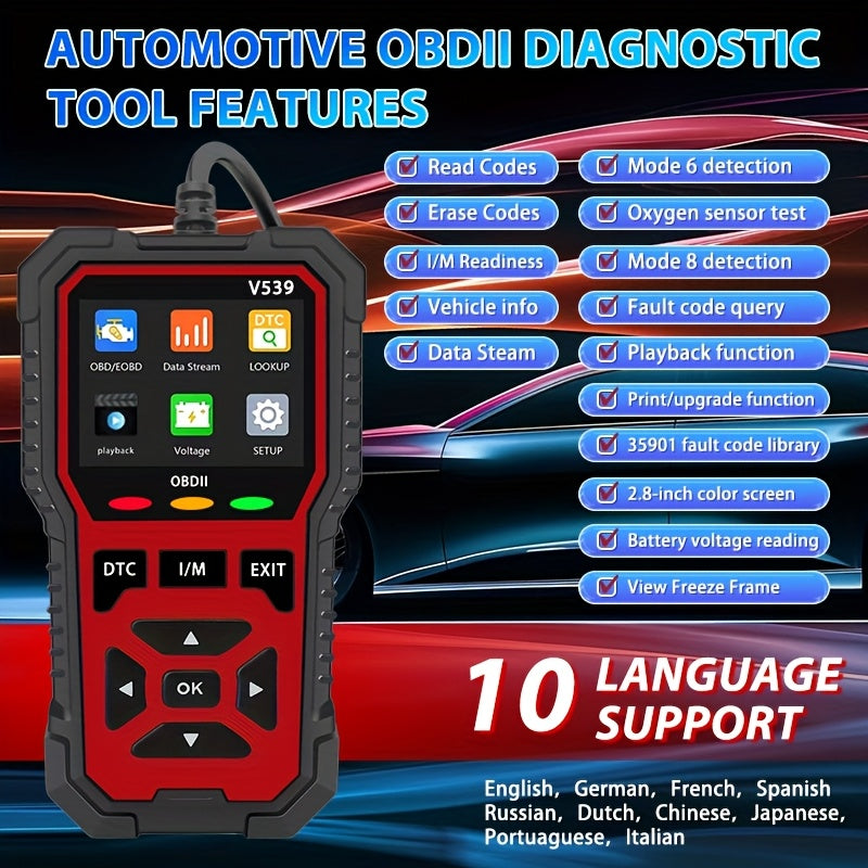 Scanner OBD2 V539 – Lecteur de code moteur complet avec 6 modes de réinitialisation, test de tension de batterie, lit et efface les codes sans batterie – Compatible avec tous les véhicules OBD2/EOBD de 1996 et plus récents