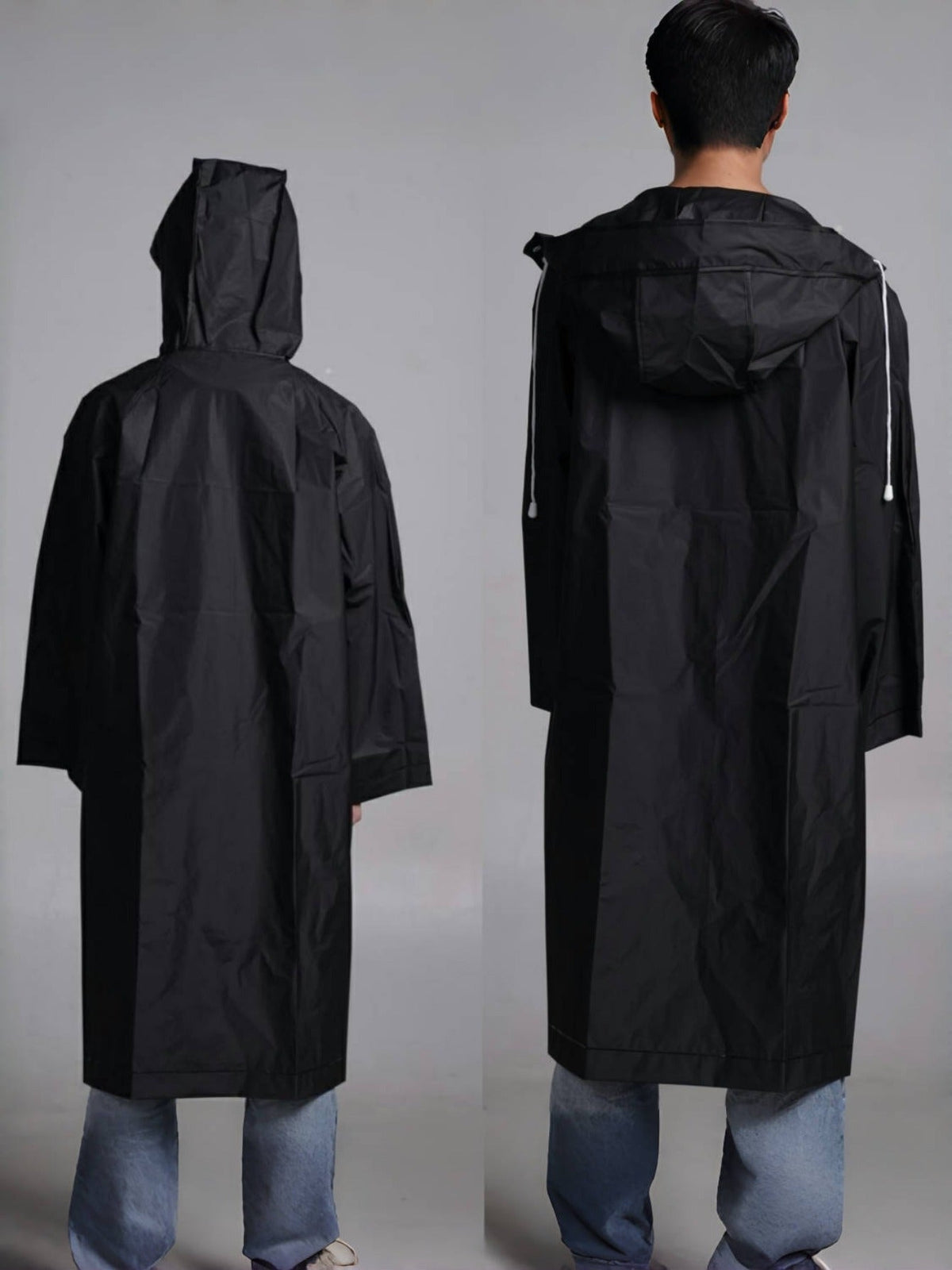 Imperméable à capuche pour hommes et femmes, veste de pluie longue, ample et ajustable par cordon de serrage, imperméable pour le cyclisme, la randonnée, la pêche et les sports de plein air, manteau de pluie noir minimaliste, tailles L à XXXL