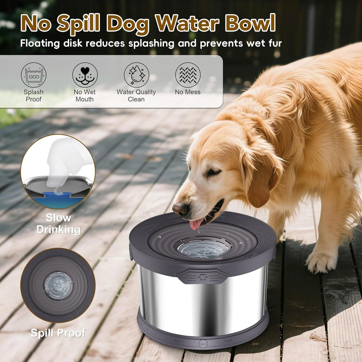 Grande gamelle d'eau pour chien 10 L en acier inoxydable anti-éclaboussures – Bol d'abreuvement lent 2,6 gallons avec disque flottant, base antidérapante et filtre amovible pour grands chiens et foyers multi-animaux, intérieur et extérieur