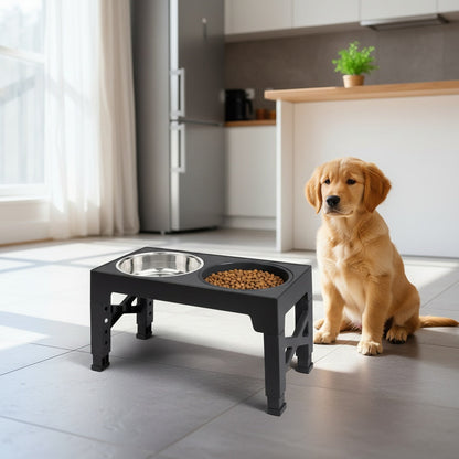 Support surélevé ajustable pour gamelles de chien avec lot de 3 gamelles – 5 hauteurs de 8,1 à 31 cm, 2 gamelles en acier inoxydable + gamelle anti-glouton pour petits, moyens et grands chiens, mangeoire surélevée noire ou grise
