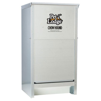 Distributeur automatique pour chien Pet Lodge 25 lb - Distributeur par gravité en acier galvanisé avec porte aimantée et goulotte inclinée, résistant à la mastication et à la rouille, montage mural pour intérieur et extérieur, argent