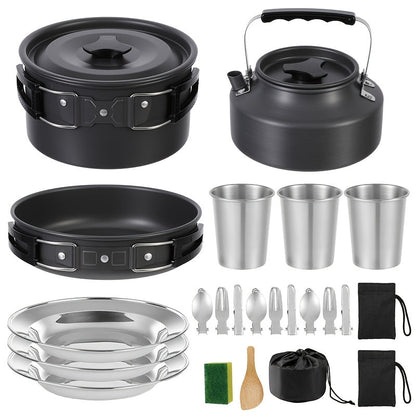 Set de cuisine de camping portable pour 2-3 personnes – Casserole antiadhésive, poêle et bouilloire avec rangement pliable, kit de cuisine d'extérieur léger pour la randonnée, le trekking et les voyages
