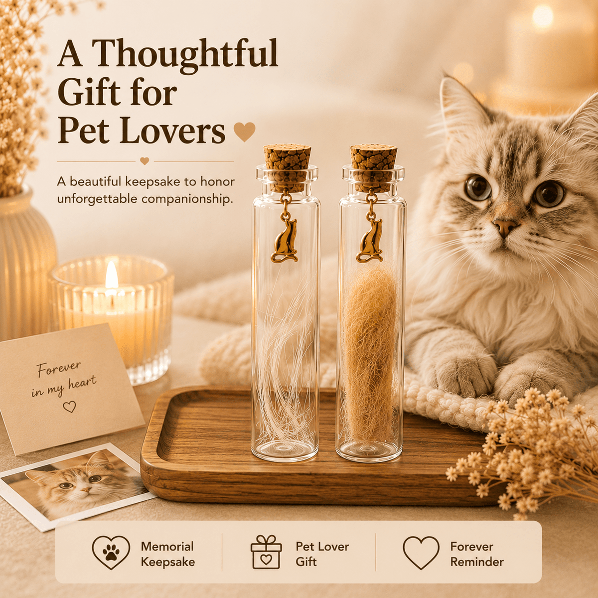 Ensemble de bocaux souvenirs pour poils d'animaux, 2 pièces – Flacons de mémoire en verre avec breloque chat dorée pour poils, moustaches et petits mots, cadeau de commémoration pour amoureux des chiens et chats