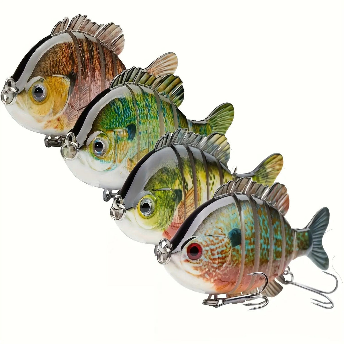 Lot de 4 leurres de pêche articulés Swimbait – Appât de surface rigide réaliste type perche avec hameçons triples, 8,9 cm / 24 g, leurres réalistes type crapet et poisson-soleil pour la pêche au bar en eau douce et en eau salée