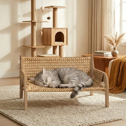 Canapé-lit surélevé pour animaux, fauteuil de repos pour chien et chat en bois massif avec tapis en bambou, meuble moderne pour petits et moyens chiens et chats, robuste et élégant, gris et blanc