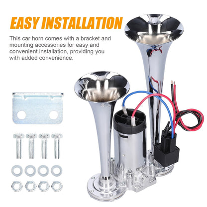 Avertisseur sonore double tube ultra-puissant 130 dB 12 V/24 V – Alliage d'aluminium avec compresseur, installation rapide pour camions, SUV, motos, bateaux et véhicules tout-terrain