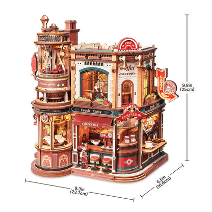 ROBOTIME 3D Wooden Puzzle Dream Coffee Factory Model with Mechanical Moving Parts, LED Lighting & Music - Wood Desk Decor Building Kit, Creative Gift for Hobbyists, Adults & Office Display