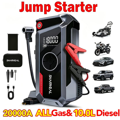 Démarreur de voiture 20000A avec compresseur d'air, batterie externe portable 18-en-1 – Pinces intelligentes, charge rapide, lampe LED, grand écran pour tous moteurs essence et diesel, booster de batterie de voiture d'urgence