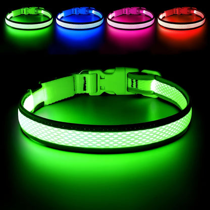 Collier pour chien à LED rechargeable par USB en maille souple – Collier de sécurité lumineux réglable pour chiens de petite, moyenne et grande taille, 5 couleurs bleu vert rose rouge jaune, tailles XS à XL pour les promenades nocturnes