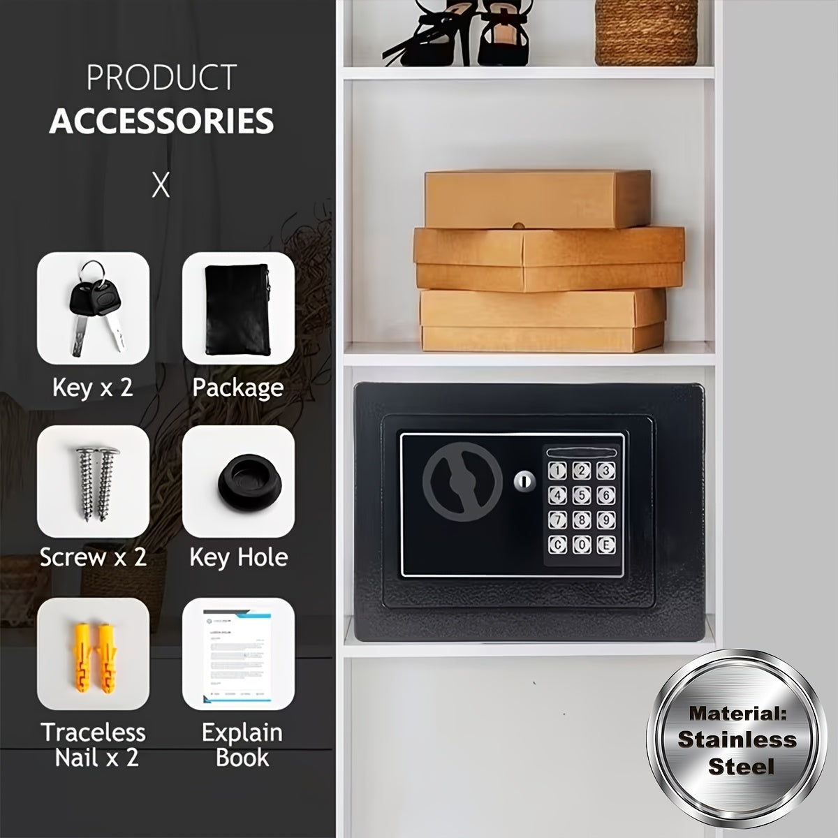 Coffre-fort ignifuge pour la maison avec clavier numérique, clés et verrouillage par code – Inclut sac ignifuge pour espèces, éclairage à détecteur et étagère réglable pour argent et objets de valeur au bureau ou à la maison