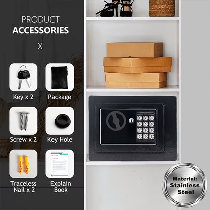 Coffre-fort ignifuge pour la maison avec clavier numérique, clés et verrouillage par code – Inclut sac ignifuge pour espèces, éclairage à détecteur et étagère réglable pour argent et objets de valeur au bureau ou à la maison
