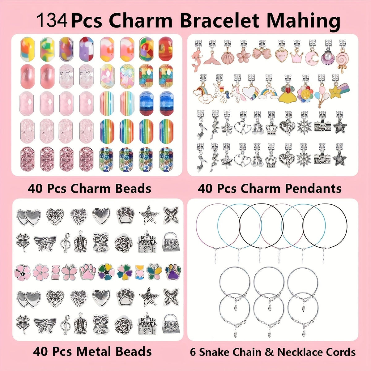 Kit de création de bracelets à breloques de 134 pièces – Ensemble de perles DIY mignon pour bijoux avec 120 perles, 6 bracelets, 6 colliers, boîte à bijoux et sac cadeau, meilleur cadeau d'anniversaire ou de Nouvel An pour filles, enfants et adolescentes