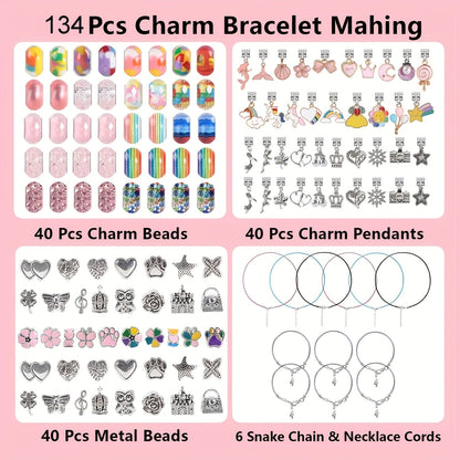 Kit de création de bracelets à breloques de 134 pièces – Ensemble de perles DIY mignon pour bijoux avec 120 perles, 6 bracelets, 6 colliers, boîte à bijoux et sac cadeau, meilleur cadeau d'anniversaire ou de Nouvel An pour filles, enfants et adolescentes