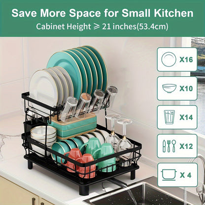 Égouttoir à vaisselle à 2 niveaux avec plateau d'égouttage et porte-ustensiles amovible – Égouttoir grande capacité pour comptoir de cuisine, égouttoir pour vaisselle, ustensiles de cuisine et couverts – Design peu encombrant