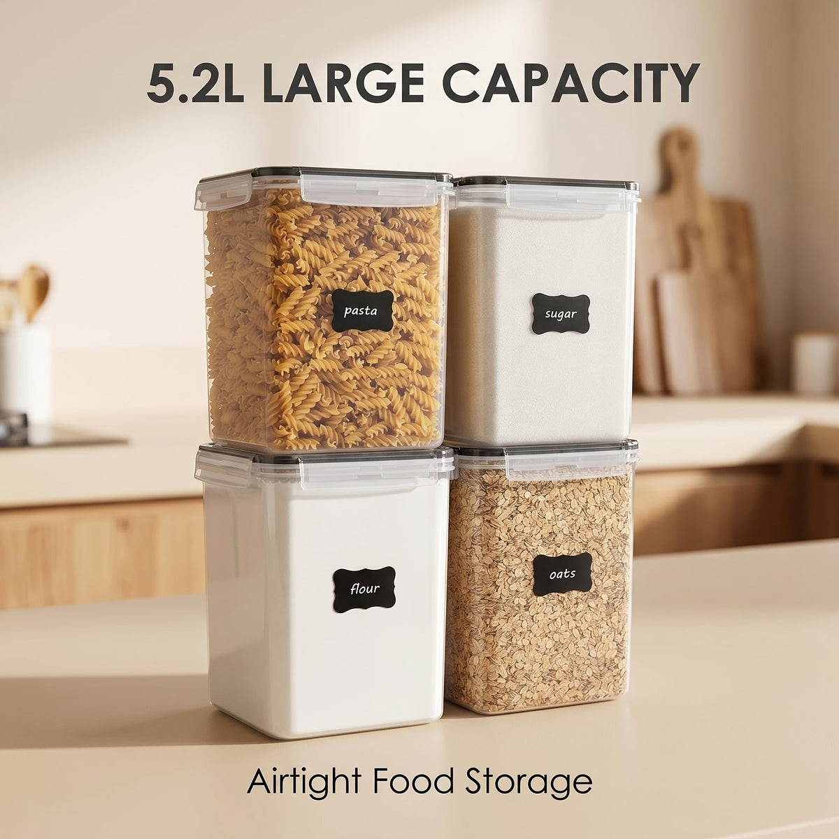 Lot de 4 grands récipients alimentaires hermétiques avec couvercles – Boîtes en plastique sans BPA de 5,2 L pour farine, sucre, riz et ingrédients de pâtisserie – Inclut des tasses à mesurer et 24 étiquettes, noir
