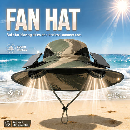 Chapeau de soleil à larges bords avec ventilateurs solaires – 2 ventilateurs solaires intégrés, vitesse du vent réglable, maille respirante, chapeau d'extérieur anti-UV avec mentonnière pour la pêche, le camping et les voyages