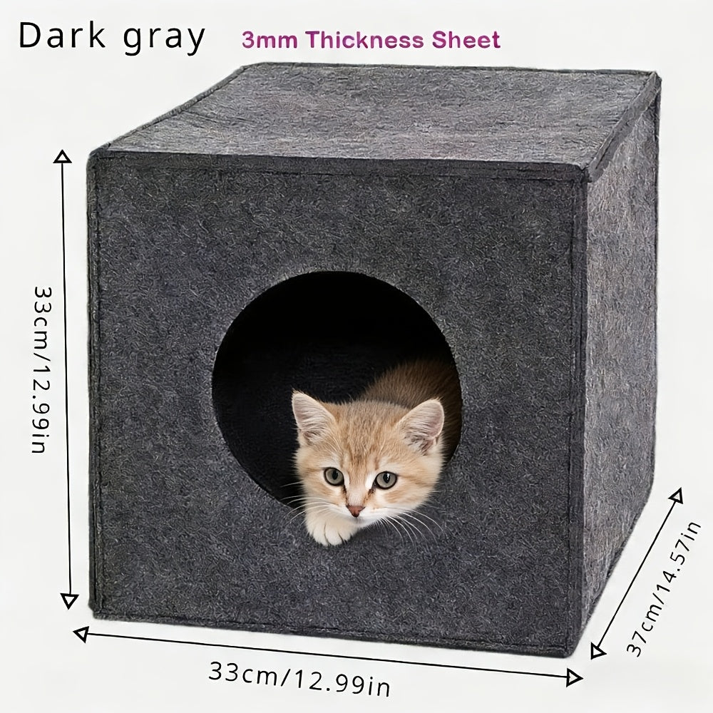 Panier pour chat carré en feutre, pliable et lavable en machine – Maison pour chat semi-fermée de 3 mm d'épaisseur, ne s'affaisse pas, grotte pour chat toutes saisons pour dormir et jouer, 33 x 37 x 33 cm, gris foncé et gris clair
