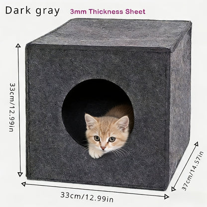 Panier pour chat carré en feutre, pliable et lavable en machine – Maison pour chat semi-fermée de 3 mm d'épaisseur, ne s'affaisse pas, grotte pour chat toutes saisons pour dormir et jouer, 33 x 37 x 33 cm, gris foncé et gris clair