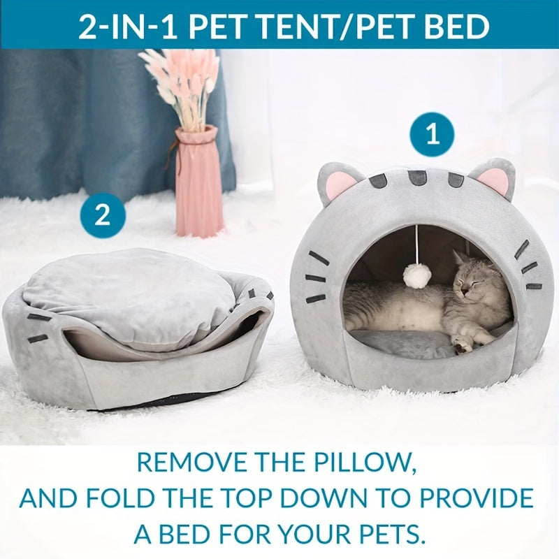 Niche pour chat, lit douillet et chaud pour chaton avec coussin amovible et lavable, design mignon avec oreilles de chat, tente semi-fermée pour chats d'intérieur et chatons – Lit de couchage en peluche douce antidérapant pour animaux