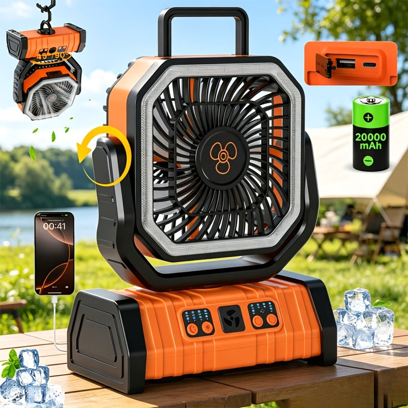 Ventilateur de camping 20000 mAh avec lanterne LED, rechargeable, oscillant, 4 vitesses et minuterie - Ventilateur de tente portable pour le camping, les véhicules récréatifs, les chantiers et les pannes de courant