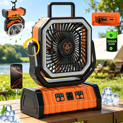 Ventilateur de camping 20000 mAh avec lanterne LED, rechargeable, oscillant, 4 vitesses et minuterie - Ventilateur de tente portable pour le camping, les véhicules récréatifs, les chantiers et les pannes de courant