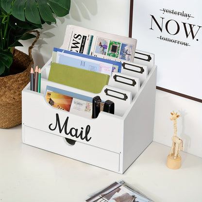Grand organisateur de courrier de bureau en bois massif avec tiroir, 4 compartiments et séparateurs étiquetables pour dossiers, lettres et papier, organisateur de bureau pour bureau à domicile, étudiants et professionnels