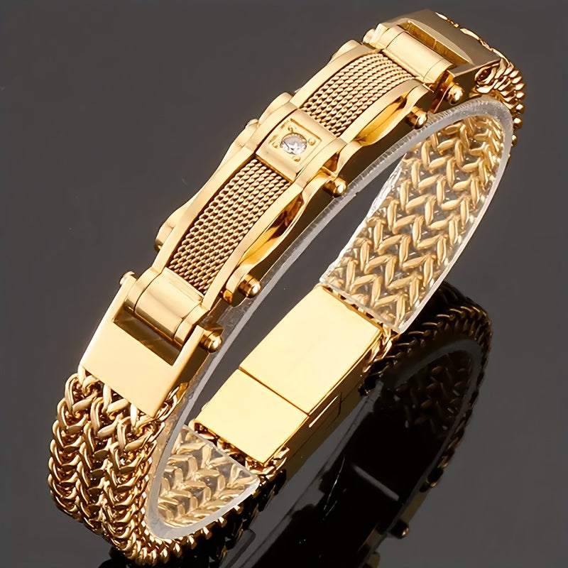 Bracelet de motard hip-hop pour homme en acier inoxydable, style punk rock, avec fermoir magnétique et pierres synthétiques, bijou pour soirée en boîte de nuit ou mariage