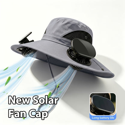 Chapeau de soleil à large bord pour homme avec 2 ventilateurs intégrés – Chapeau de pêche respirant avec protection UV pour le camping, la randonnée et la plage en été