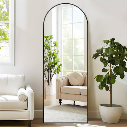 Miroir sur pied pleine longueur à sommet cintré – Miroir plein corps avec support pour chambre, salon et dressing, peut être fixé au mur, disponible en 3 tailles et 2 coloris (noir et doré)
