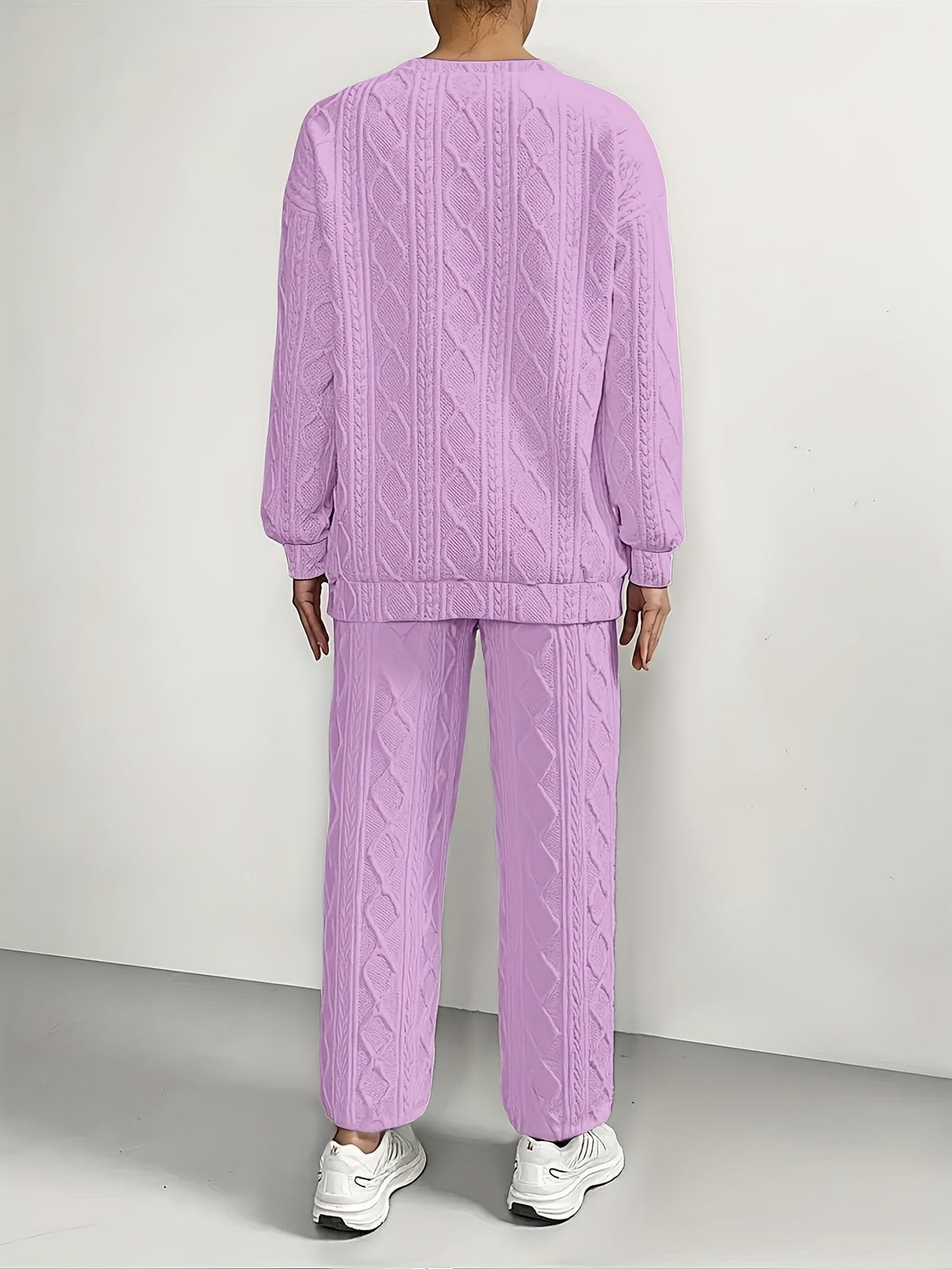 Ensemble survêtement 2 pièces pour femme – Haut à manches longues et col rond en jacquard texturé et pantalon de jogging, tenue de détente décontractée et respirante pour le printemps et l'été S-XXL