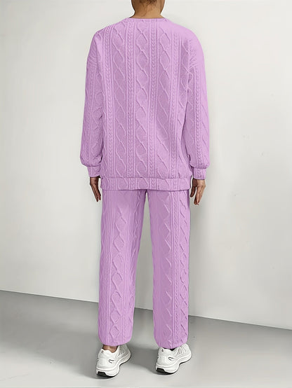 Ensemble survêtement 2 pièces pour femme – Haut à manches longues et col rond en jacquard texturé et pantalon de jogging, tenue de détente décontractée et respirante pour le printemps et l'été S-XXL