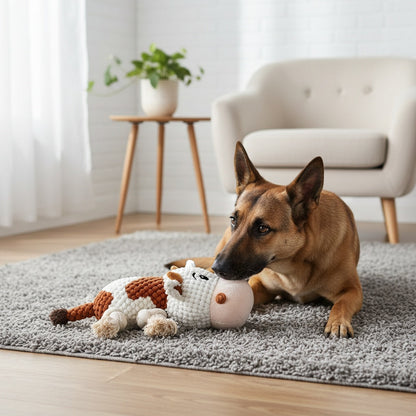 Squeaky Cow Dog Toy Plush Interactive Tug-of-War with Crinkle Paper, IQ Training Chew Toy for Small Medium Large Dogs, No Battery Needed, Anxiety Relief Pet Toy