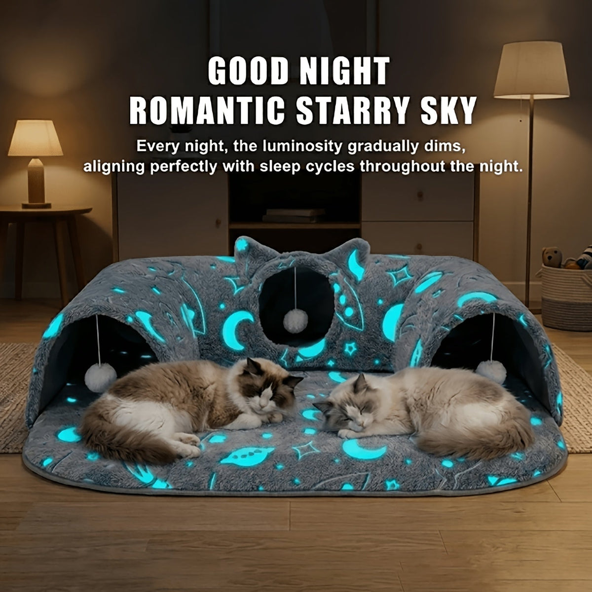 Tunnel-lit pour chat avec mousse à mémoire de forme, balle suspendue et bavoir offert – Condo lounge en peluche détachable, nid pour animaux lavable en machine pour foyers multi-chats, chats de petite à moyenne taille – Velora