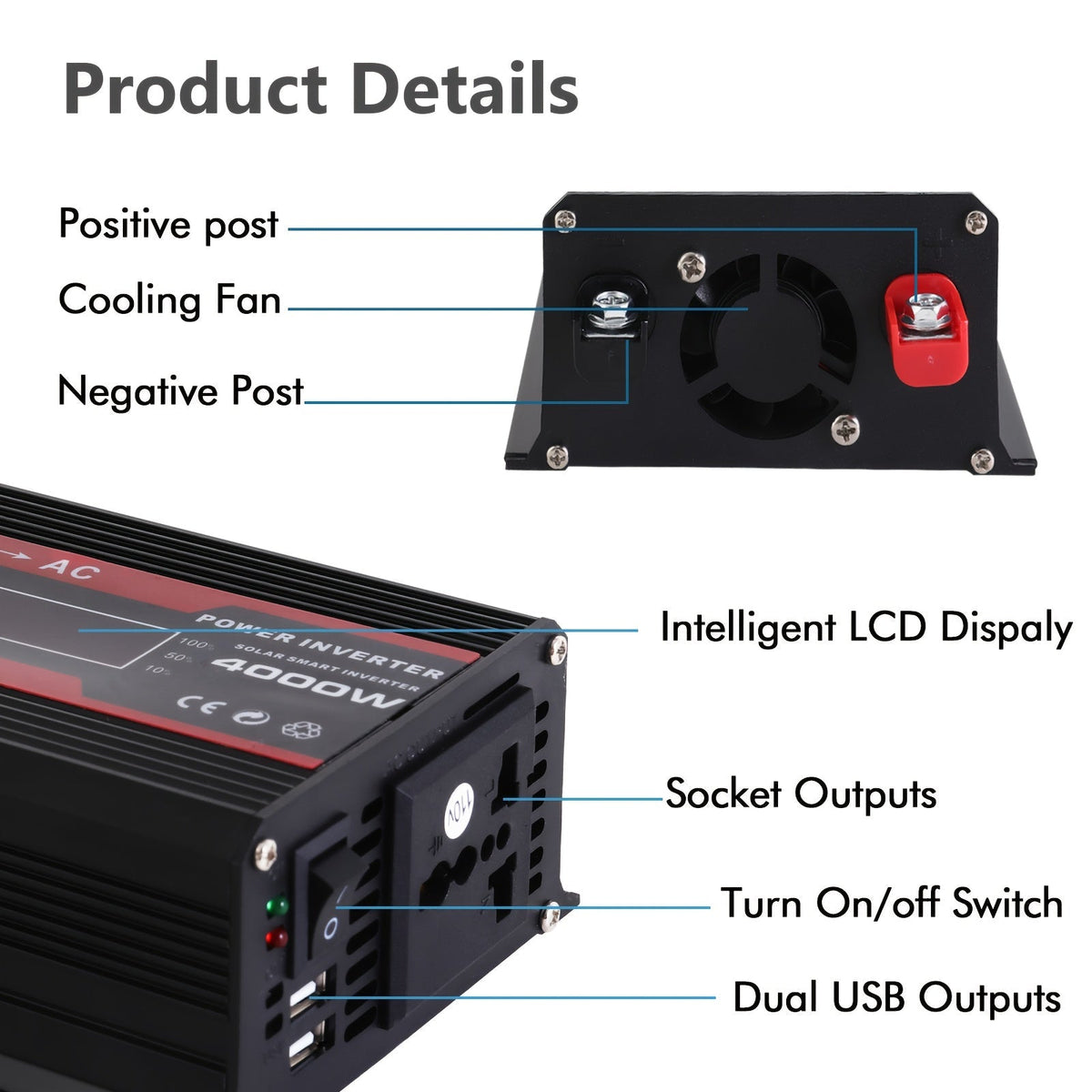 Onduleur de voiture 4000W CC 12V vers CA 110V avec écran LCD, ventilateur de refroidissement et protection contre les surcharges - Convertisseur portable de 800W nominal pour voyages en voiture, camping, activités en extérieur et kits d'urgence
