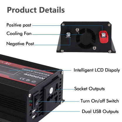Onduleur de voiture 4000W CC 12V vers CA 110V avec écran LCD, ventilateur de refroidissement et protection contre les surcharges - Convertisseur portable de 800W nominal pour voyages en voiture, camping, activités en extérieur et kits d'urgence