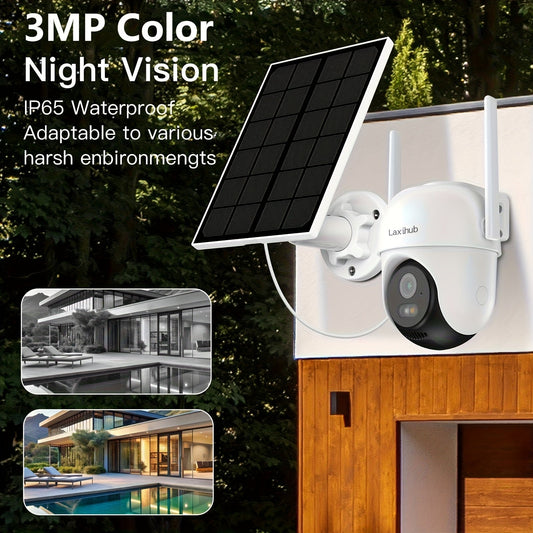 Caméra de sécurité extérieure solaire Laxihub GO2T – 1296P FHD 3MP PTZ, détection humaine par IA, batterie sans fil 5200mAh, vision nocturne couleur, audio bidirectionnel, WiFi 2,4G, stockage Cloud & SD