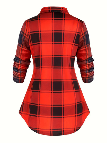 Women's Retro 2-Piece Set - High-Waist Plaid Long Sleeve Blouse & Body Strap | Vintage Button Lapel Collar Fall Spring Outfit Fashion