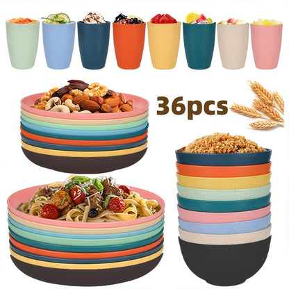 Service de vaisselle en paille de blé – Assiettes, bols et tasses écologiques et réutilisables, lavables au lave-vaisselle et compatibles micro-ondes, incassables, ensembles de 12/24/36 pièces pour le camping, les fêtes, l'extérieur et l'usage quotidien
