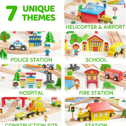 110-Piece Wooden Train Set for Kids – City Scene Railway with 6 Magnetic Trains, 5 Themed Vehicles, Helicopter, Ship & 7 City Themes – Compatible with All Major Brands – Best Birthday Christmas STEM Gift for Boys & Girls
