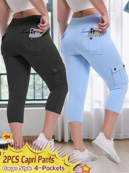 Pantalon de yoga Capri taille haute, lot de 2 – Legging en élasthanne extensible dans les 4 sens, gainant et galbant, avec 4 poches, pantacourt de sport pour femme, 9 ensembles de couleurs, tailles S à XXL