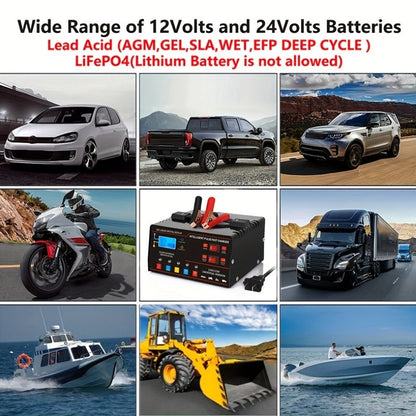 Chargeur de batterie universel intelligent 12V 24V avec écran LCD, réparation par impulsion, maintien de charge pour voiture, camion, moto, bateau, tondeuse à gazon, moissonneuse – Régulation automatique de la température